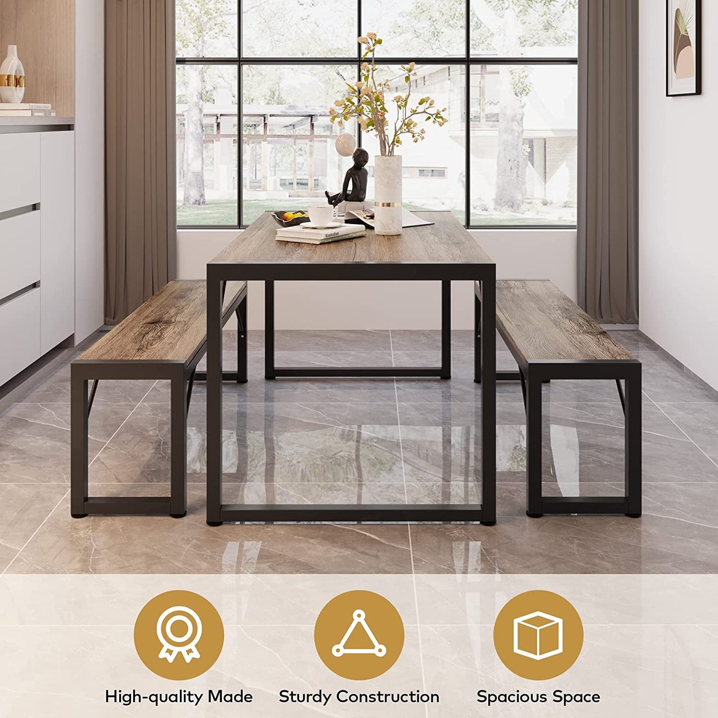 Dining Table Set for 4 with 2 Benches, Gray-3