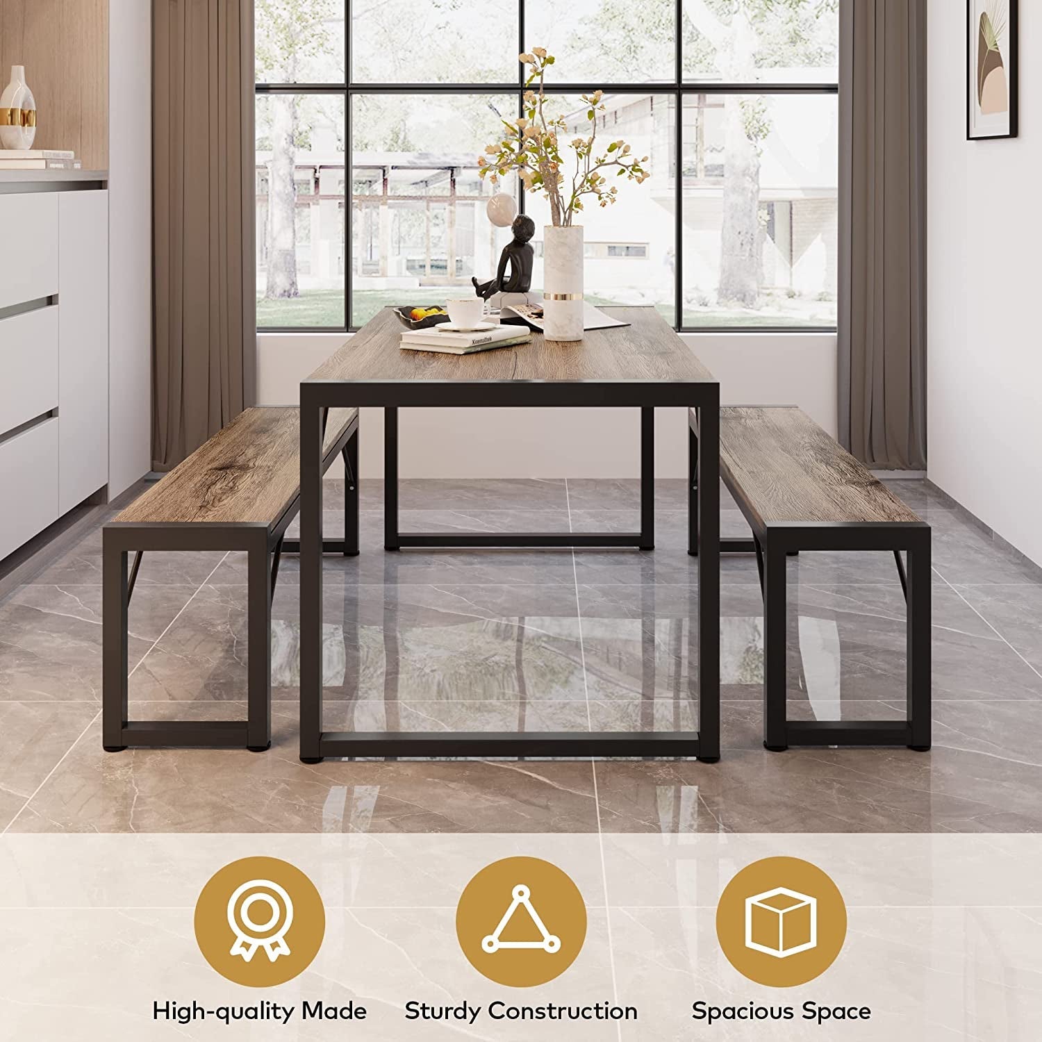 Dining Table Set for 4 with 2 Benches, Gray-3