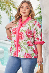 Elise Plus Size Floral Frilled Stripes Blouse