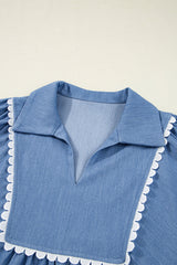 Solid Lace Ric-Rac 3/4 Sleeve Babydoll Blouse