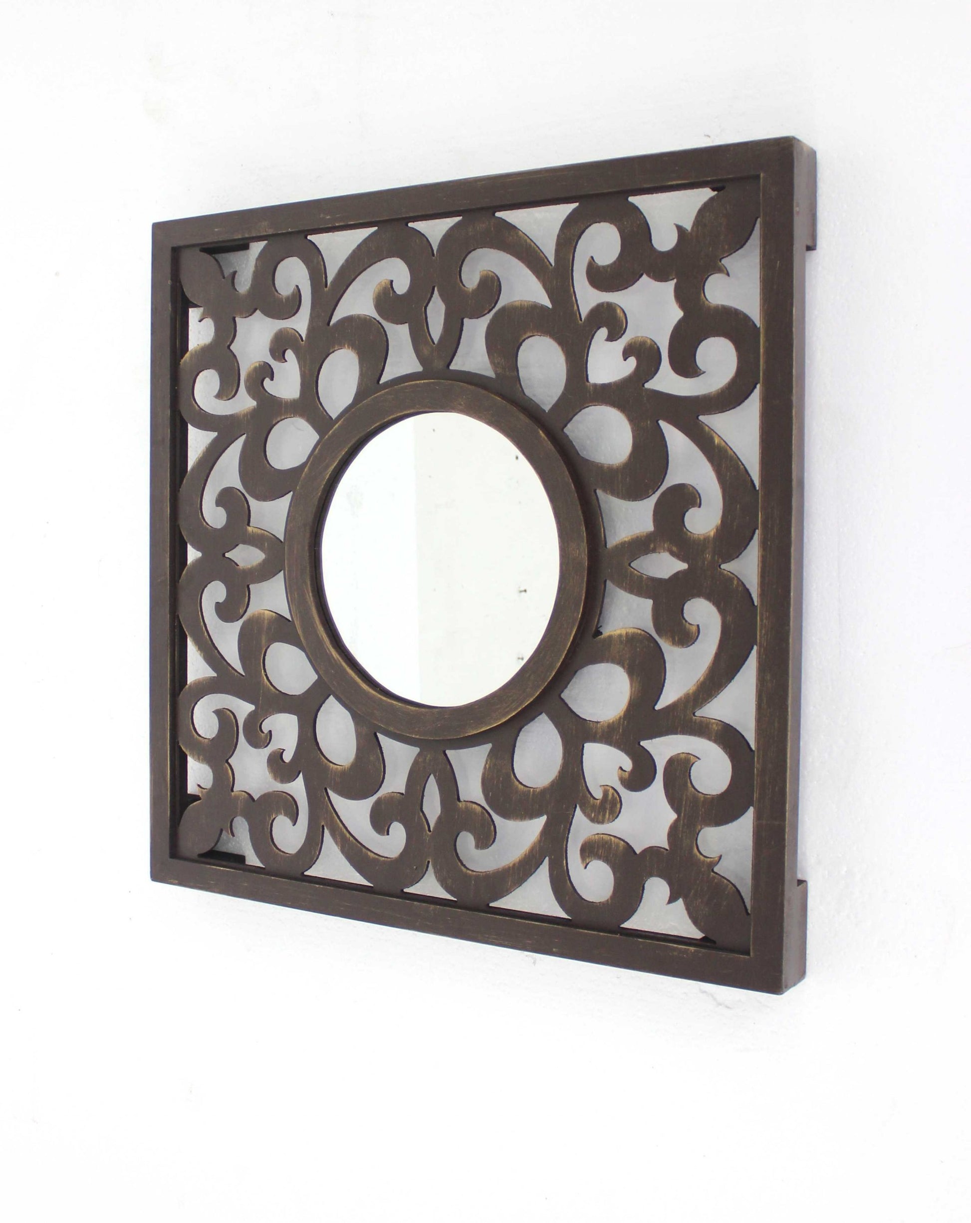 24" Brown Circle In Square Vintage Style Framed Accent Mirror-2