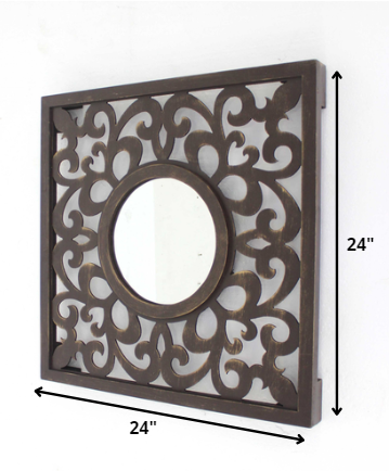 24" Brown Circle In Square Vintage Style Framed Accent Mirror-7