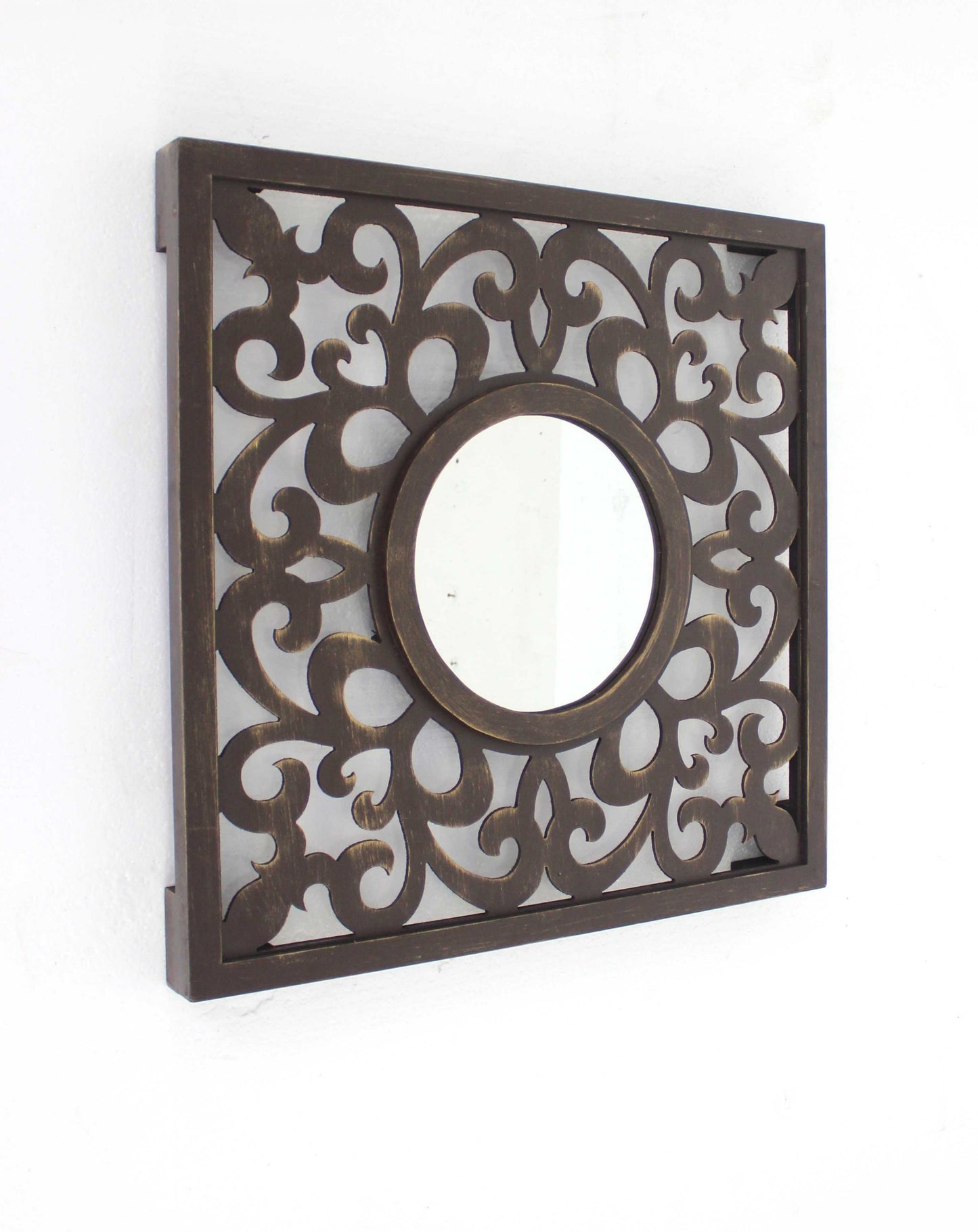 24" Brown Circle In Square Vintage Style Framed Accent Mirror-3