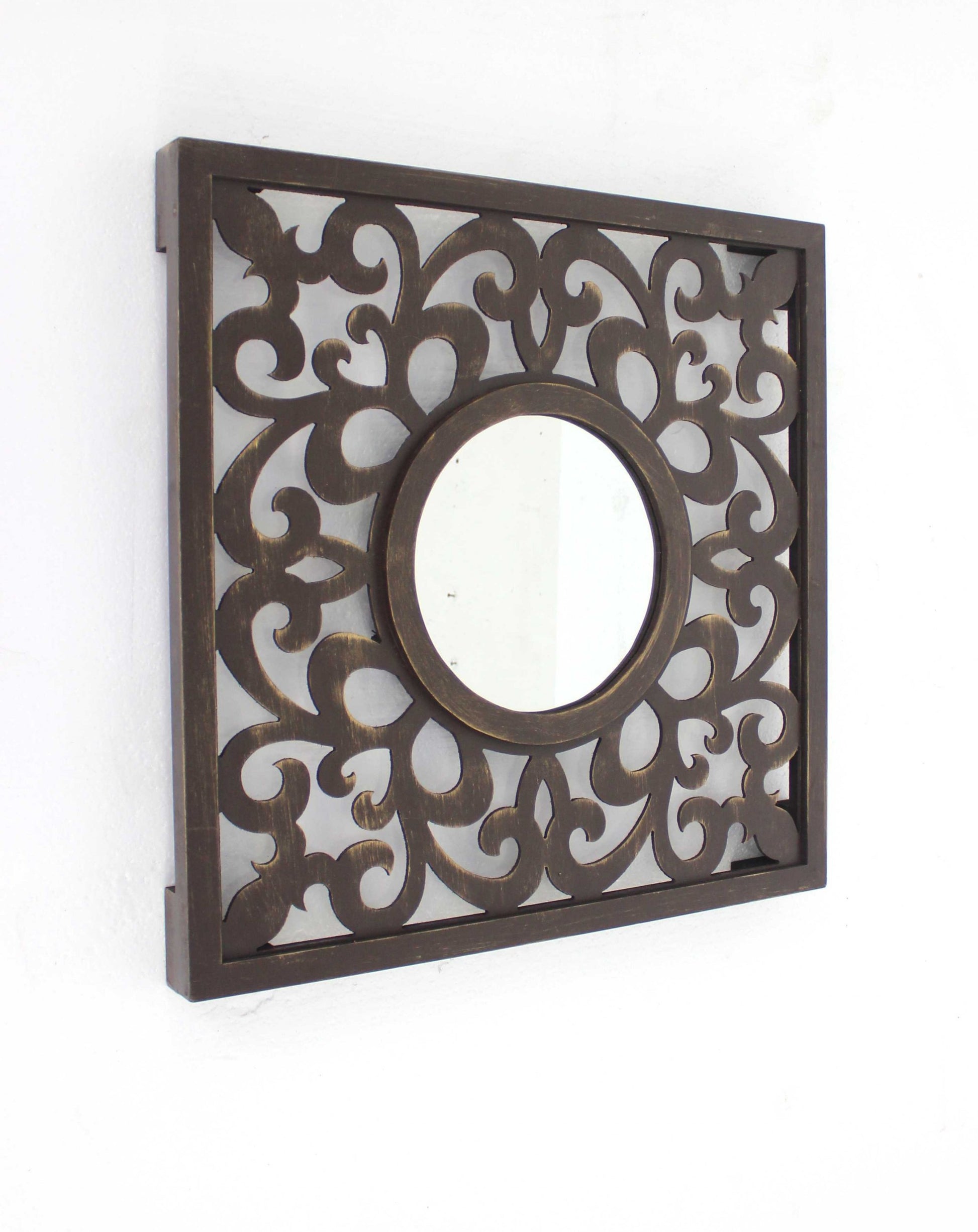 24" Brown Circle In Square Vintage Style Framed Accent Mirror-3