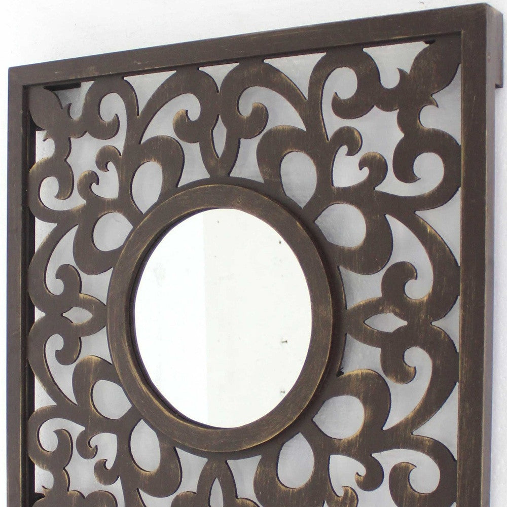 24" Brown Circle In Square Vintage Style Framed Accent Mirror-4