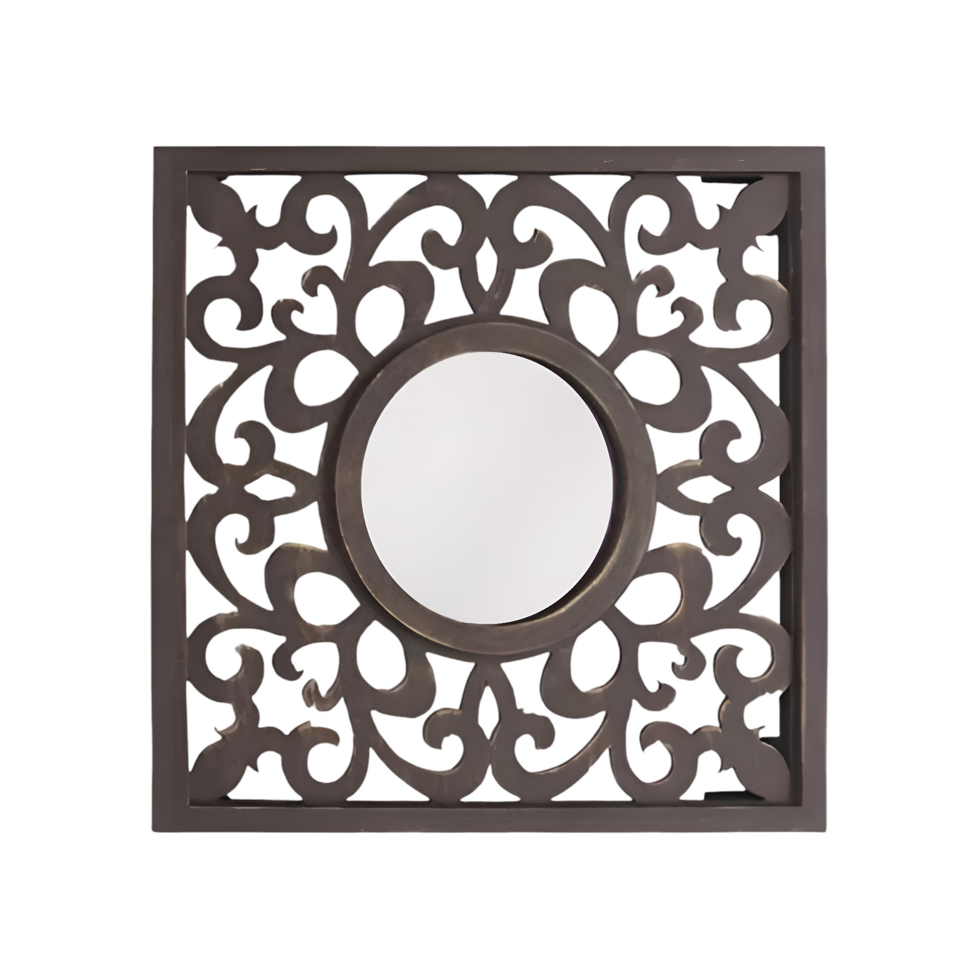 24" Brown Circle In Square Vintage Style Framed Accent Mirror-1