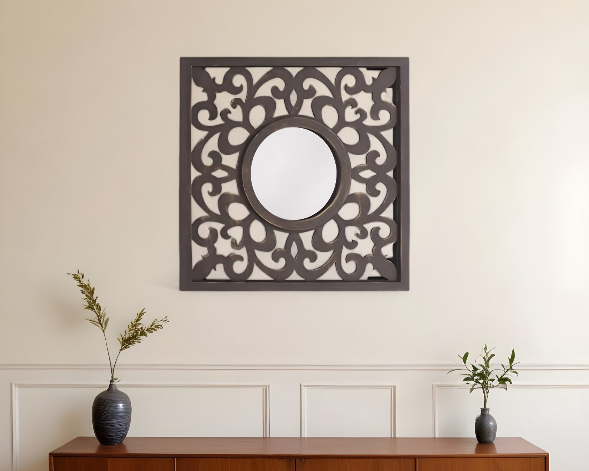 24" Brown Circle In Square Vintage Style Framed Accent Mirror-0