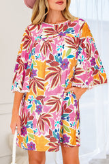 Pink Floral Print Lace Trimmed Tie Back Bell Sleeve Swing Mini Dress