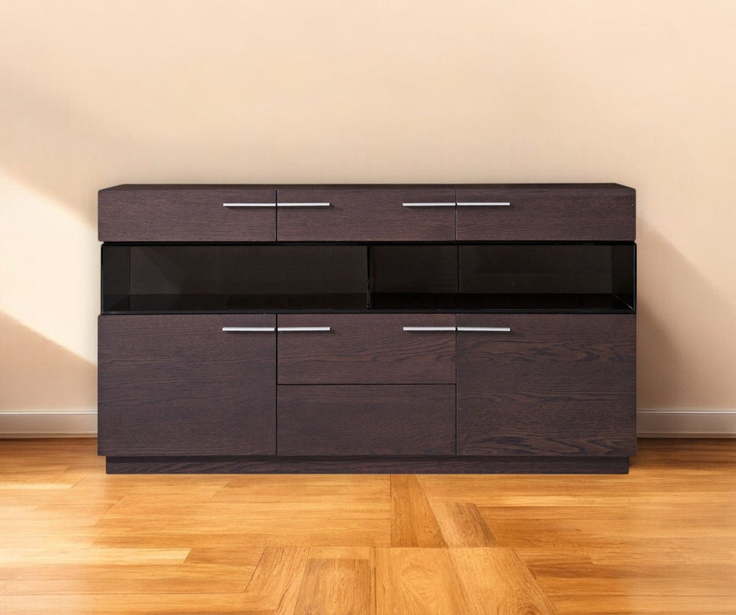 59" Brown Solid Wood Sideboard with Glass Doors-0