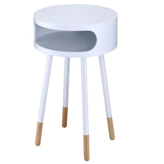 26" White and Natural Solid Wood Round End Table With Shelf-0