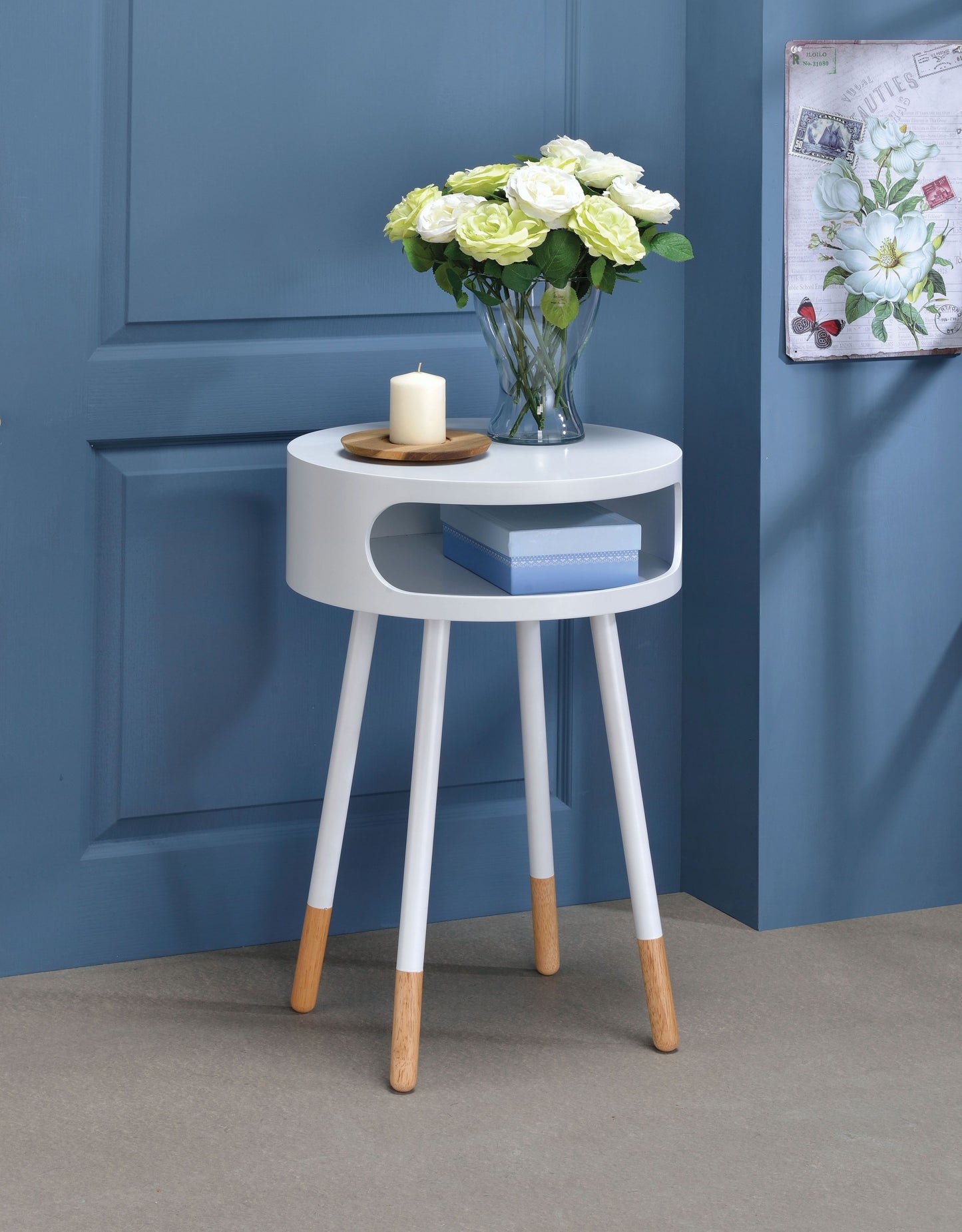 26" White and Natural Solid Wood Round End Table With Shelf-6