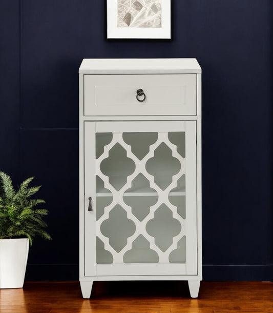 17" White Fret Work Design Glass Door Accent Cabinet-0