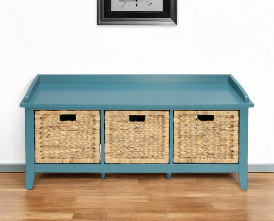 43" Teal Blue Solid Wood Storage Bench with Drawers-0