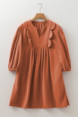 Corduroy Pleated Scallop Neck 3/4 Sleeve Mini Dress