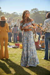 Blue Boho Paisley Print Off Shoulder Maxi Dress