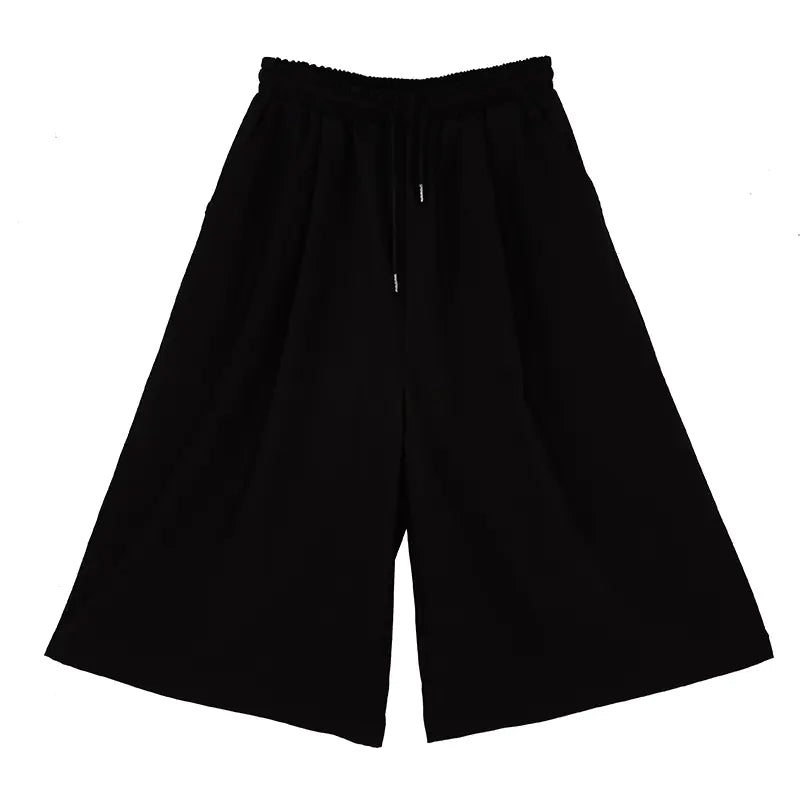 Grunge Style Loose-Fit Cropped Wide-Leg Pants with Elastic Waist