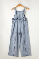 Denim Frayed Reverse Seam Wide Leg Overall