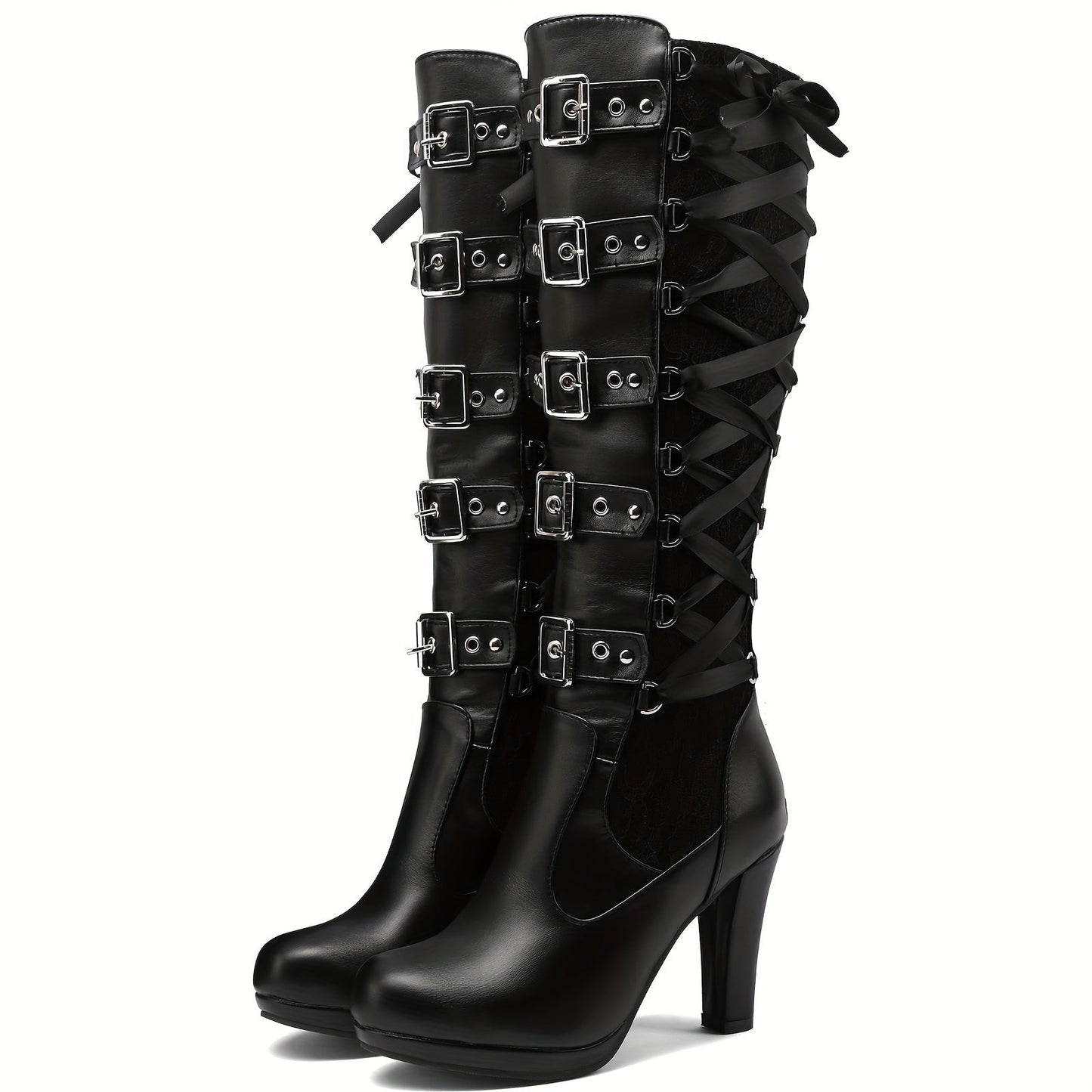 Platform Punk Tall Goth Buckled Knee-High Boots