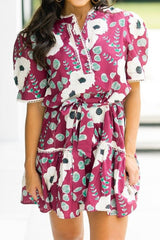 Floral Short Puff Sleeve Belted Mini Dress
