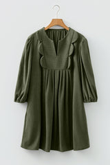 Corduroy Pleated Scallop Neck 3/4 Sleeve Mini Dress