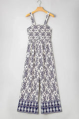 Blue Boho Geometric Print Smocked High Waist Wide Leg Jumpsuit