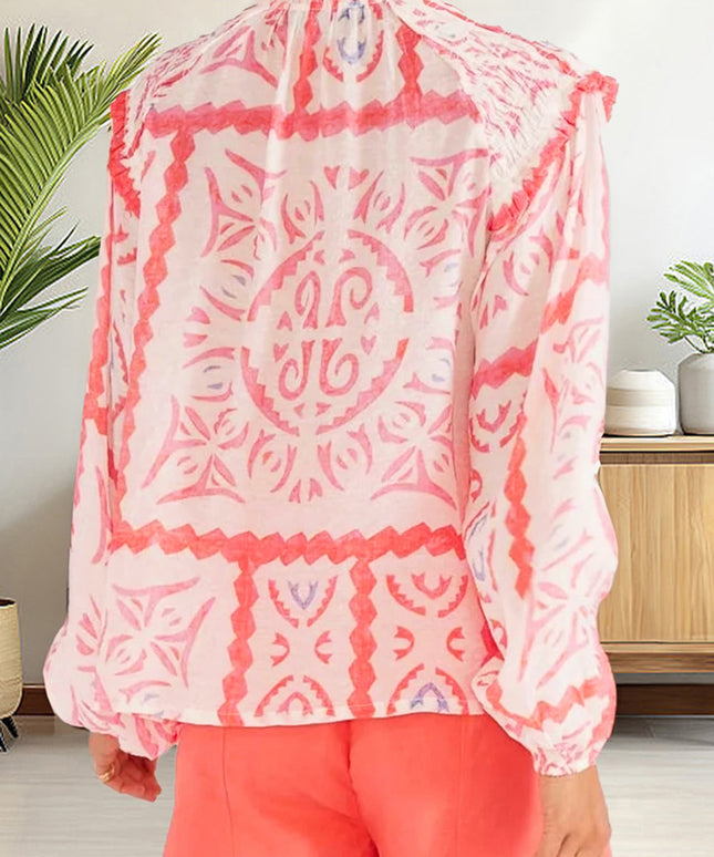 Abstract Poet Collar Smocked Long Sleeve Blouse