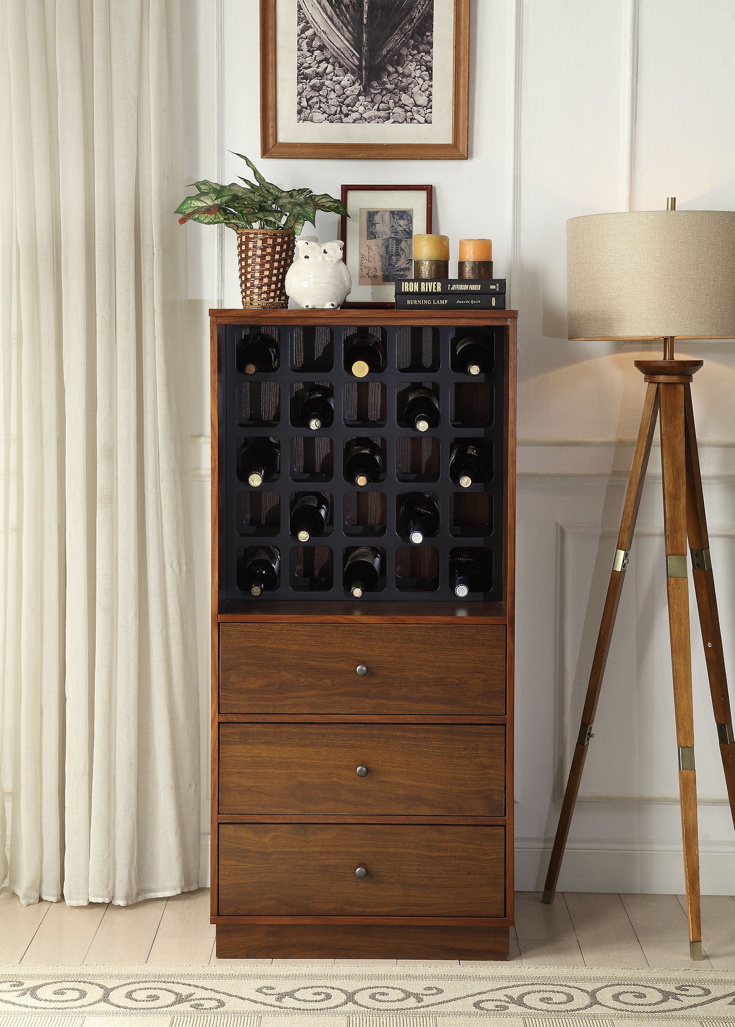 52" Brown And Black Wood Bar Cabinet With Three Drawers-6