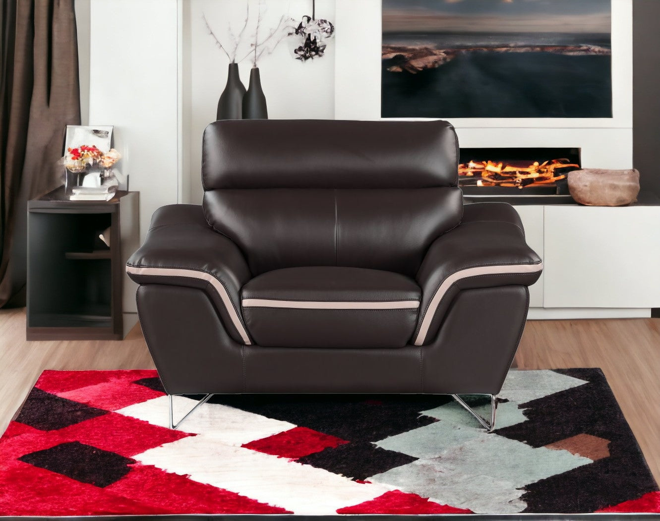 49" Brown And Silver Leather Match Club Chair-1
