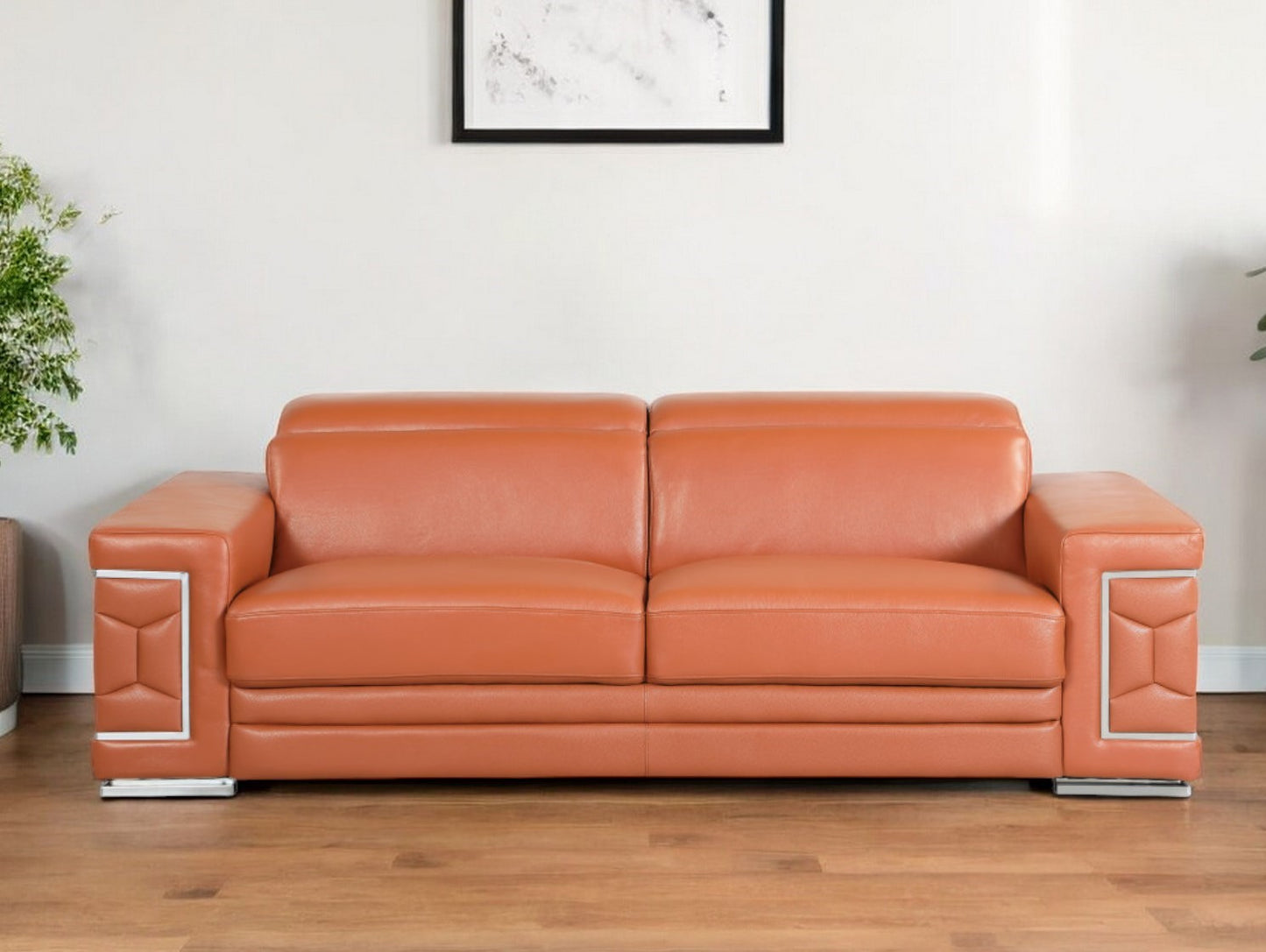 89" Camel Italian Leather Sofa With Silver Legs-1