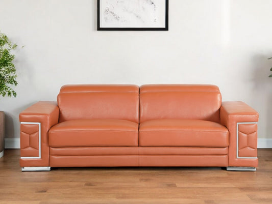 89" Camel Italian Leather Sofa With Silver Legs-1