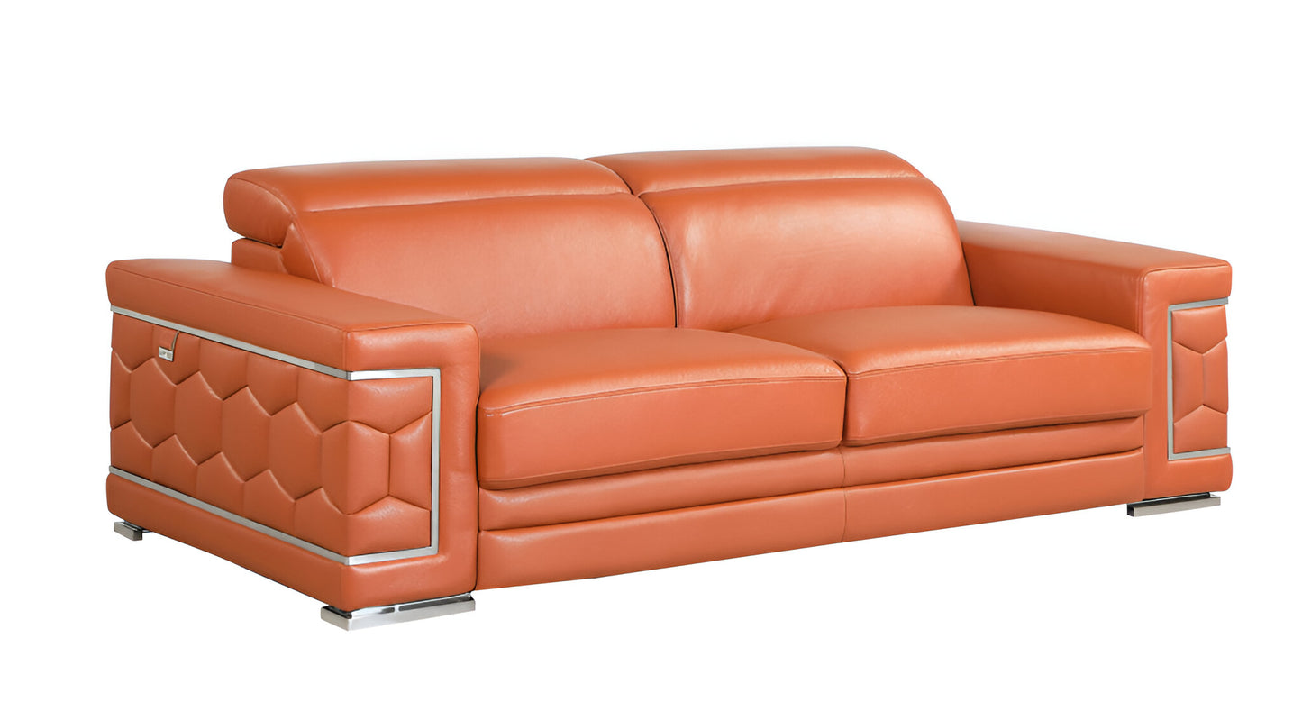 89" Camel Italian Leather Sofa With Silver Legs-2