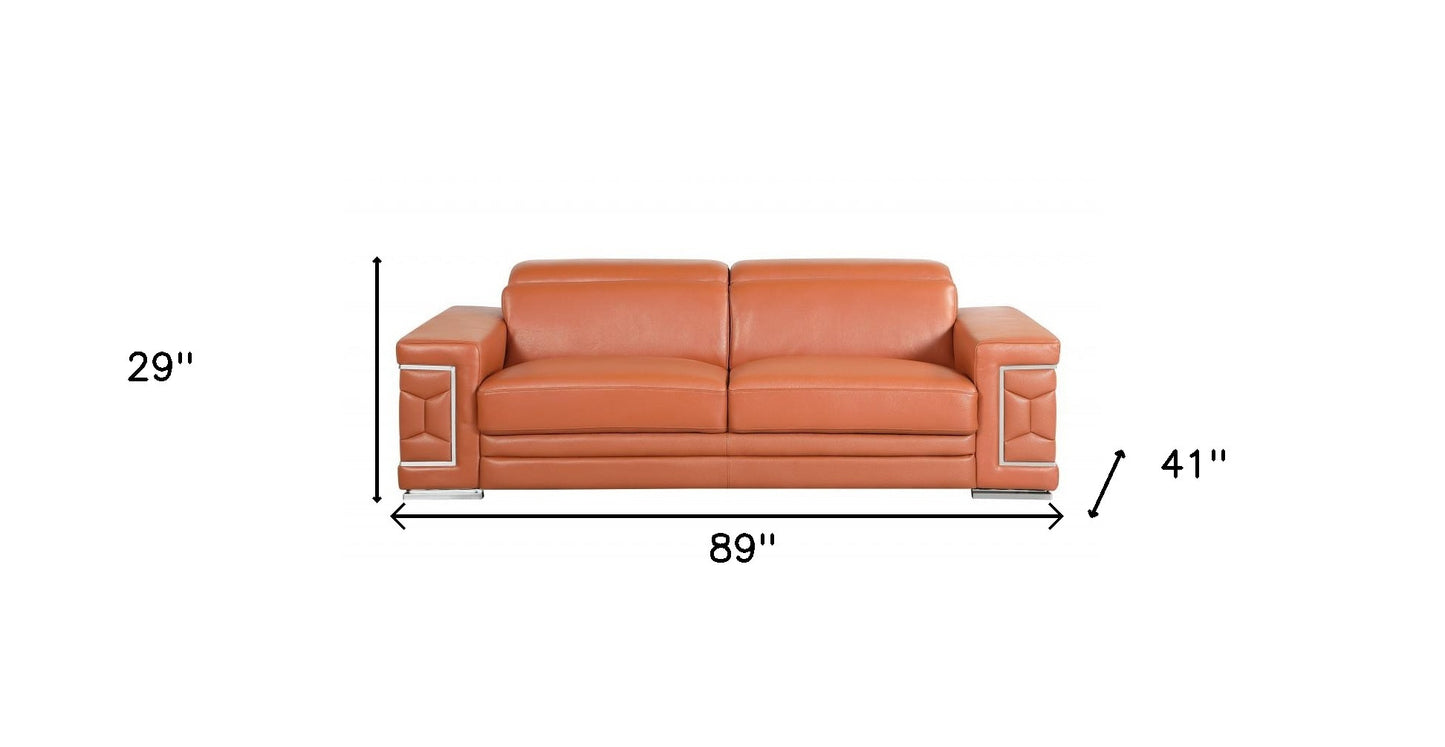 89" Camel Italian Leather Sofa With Silver Legs-7