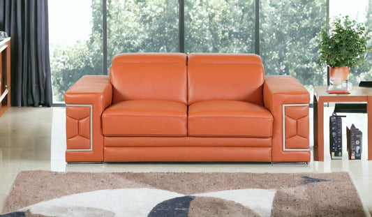 71" Camel And Silver Genuine Leather Love Seat-1