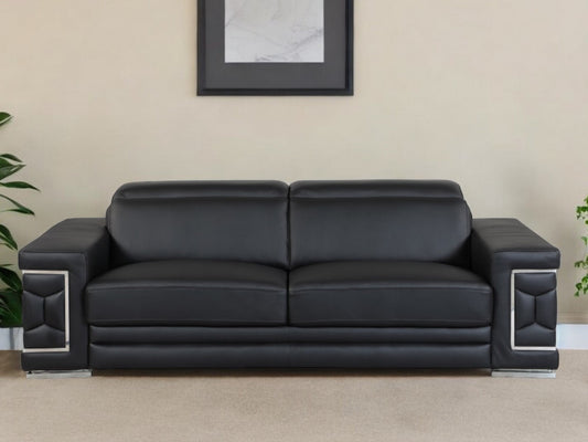 89" Black Italian Leather Sofa With Silver Legs-1