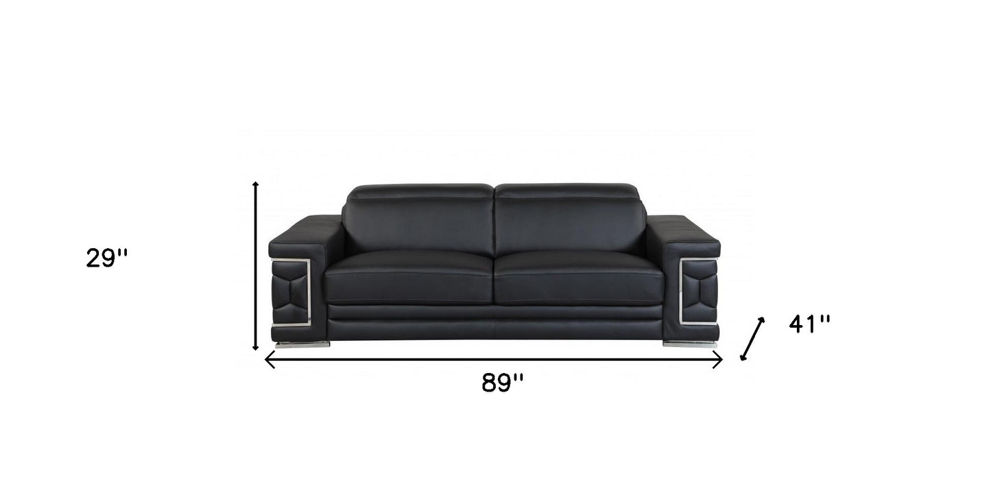 89" Black Italian Leather Sofa With Silver Legs-8