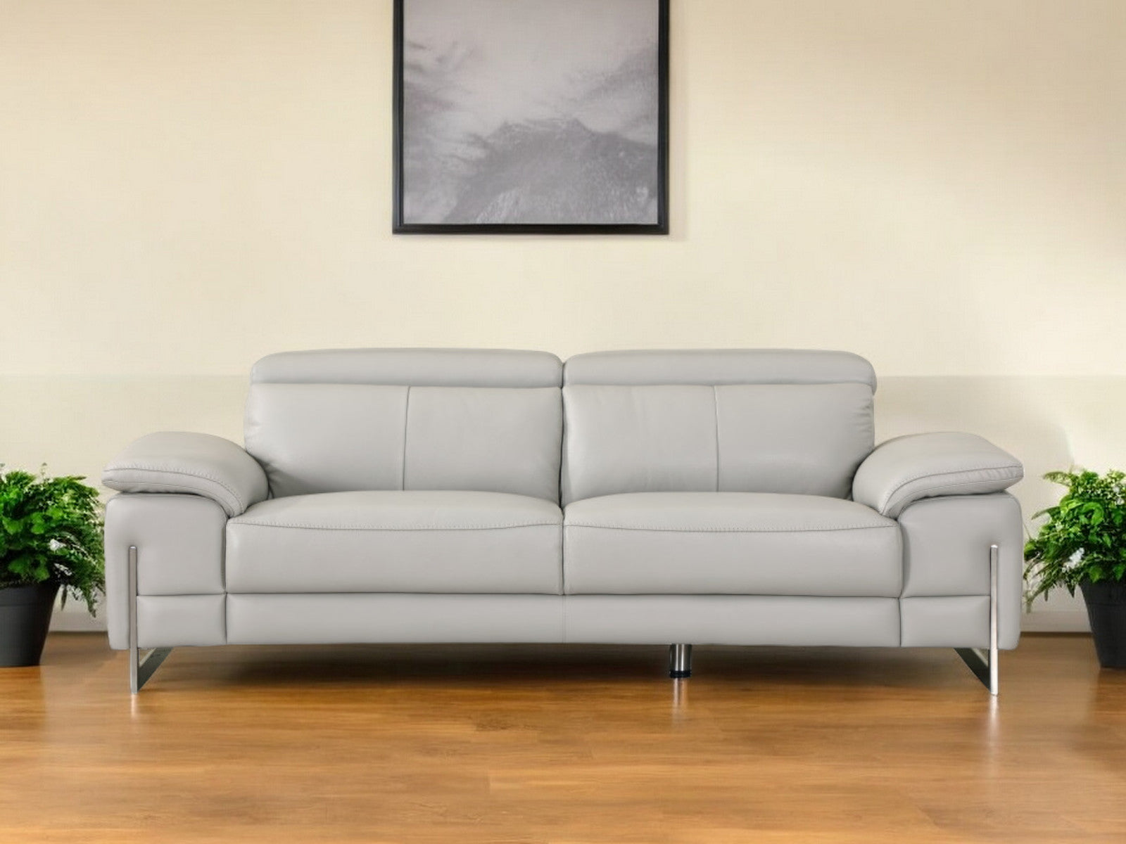 87" Light Gray Italian Leather Sofa With Silver Legs-1
