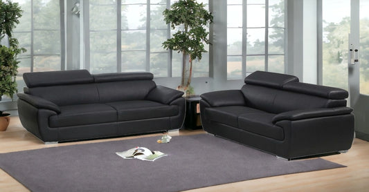 Two Piece Indoor Black Genuine Leather Five Person Seating Set-1