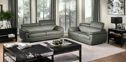 Two Piece Indoor Gray Genuine Leather Five Person Seating Set-1