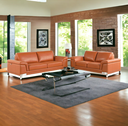 Two Piece Indoor Camel Italian Leather Five Person Seating Set-1