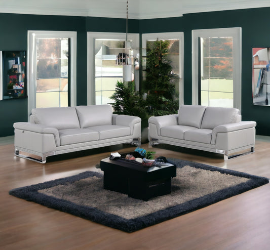 Two Piece Indoor Light Gray Italian Leather Five Person Seating Set-0