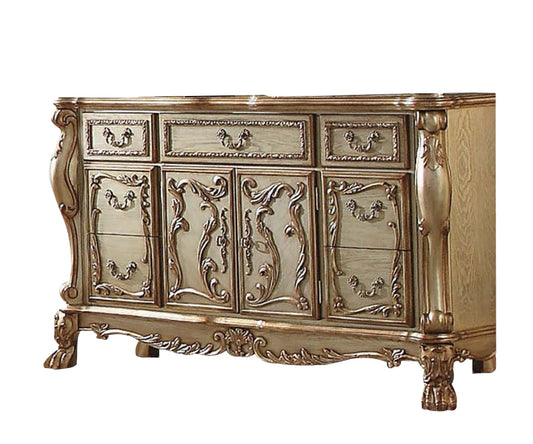 66" Gold Solid Wood Carved Scrollwork Seven Drawer Sideboard with Two Doors-1