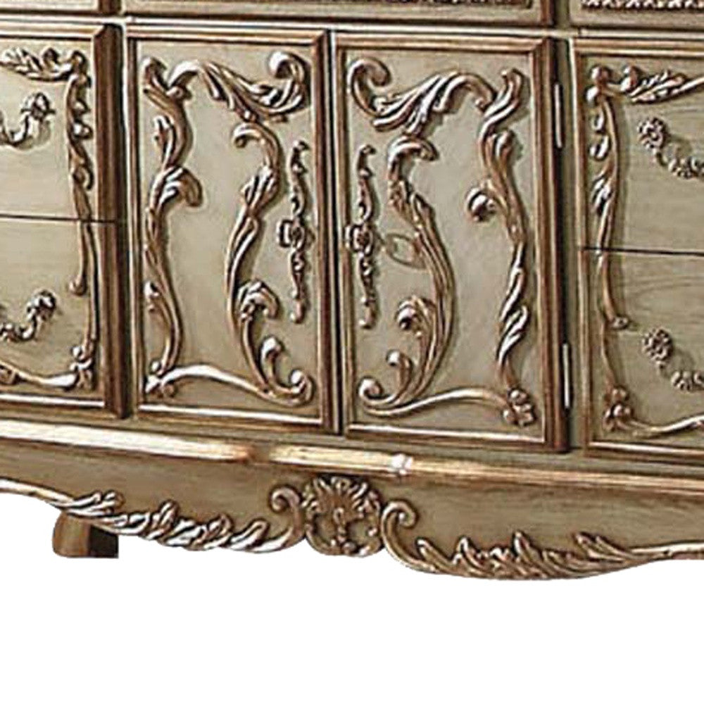 66" Gold Solid Wood Carved Scrollwork Seven Drawer Sideboard with Two Doors-2