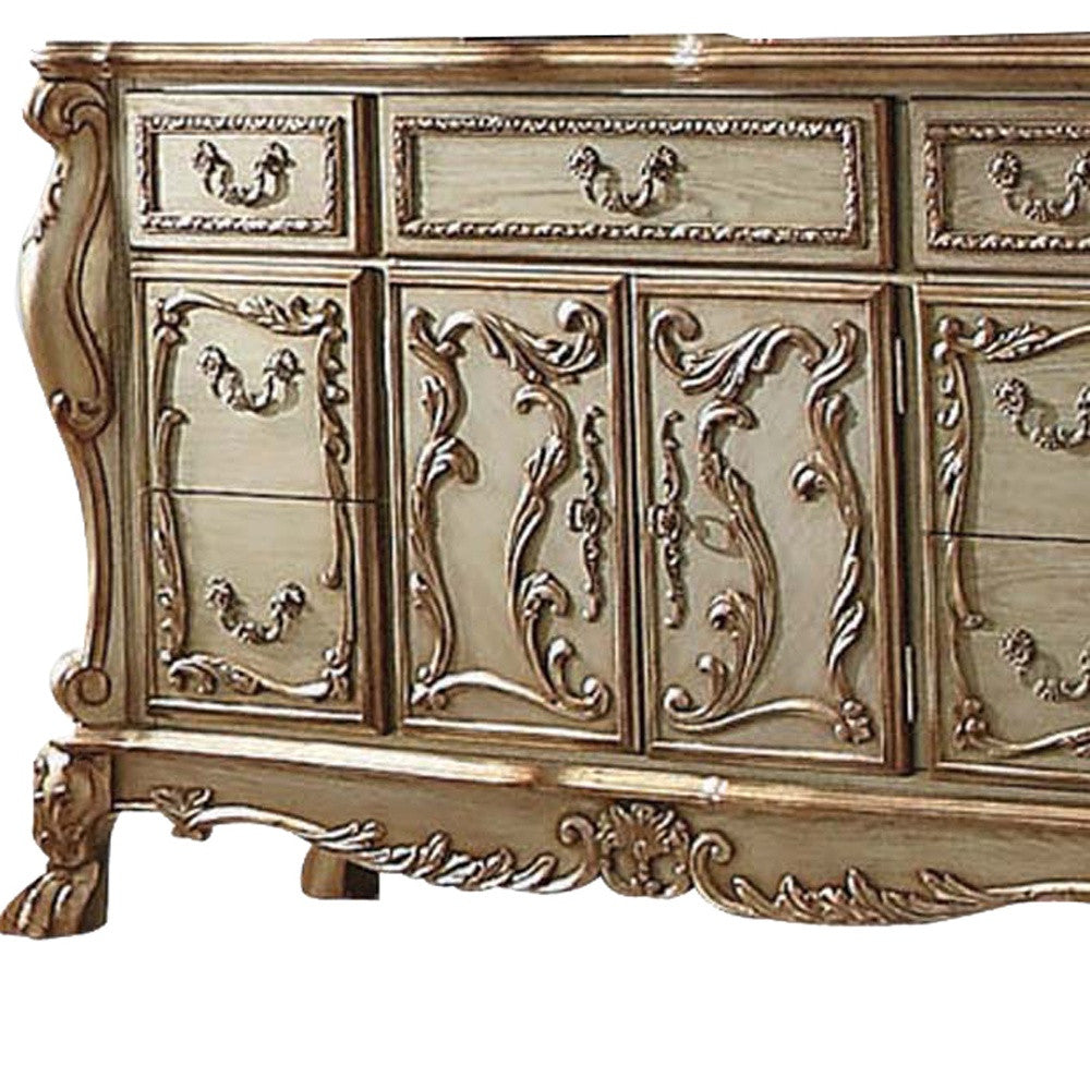 66" Gold Solid Wood Carved Scrollwork Seven Drawer Sideboard with Two Doors-3