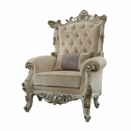 38" Pearl Fabric Striped Tufted Chesterfield Chair And Toss Pillow-0