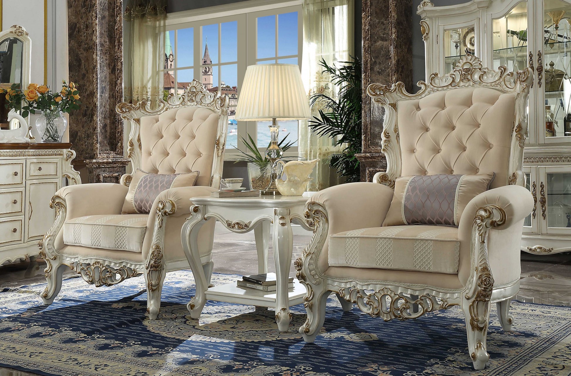 38" Pearl Fabric Striped Tufted Chesterfield Chair And Toss Pillow-3