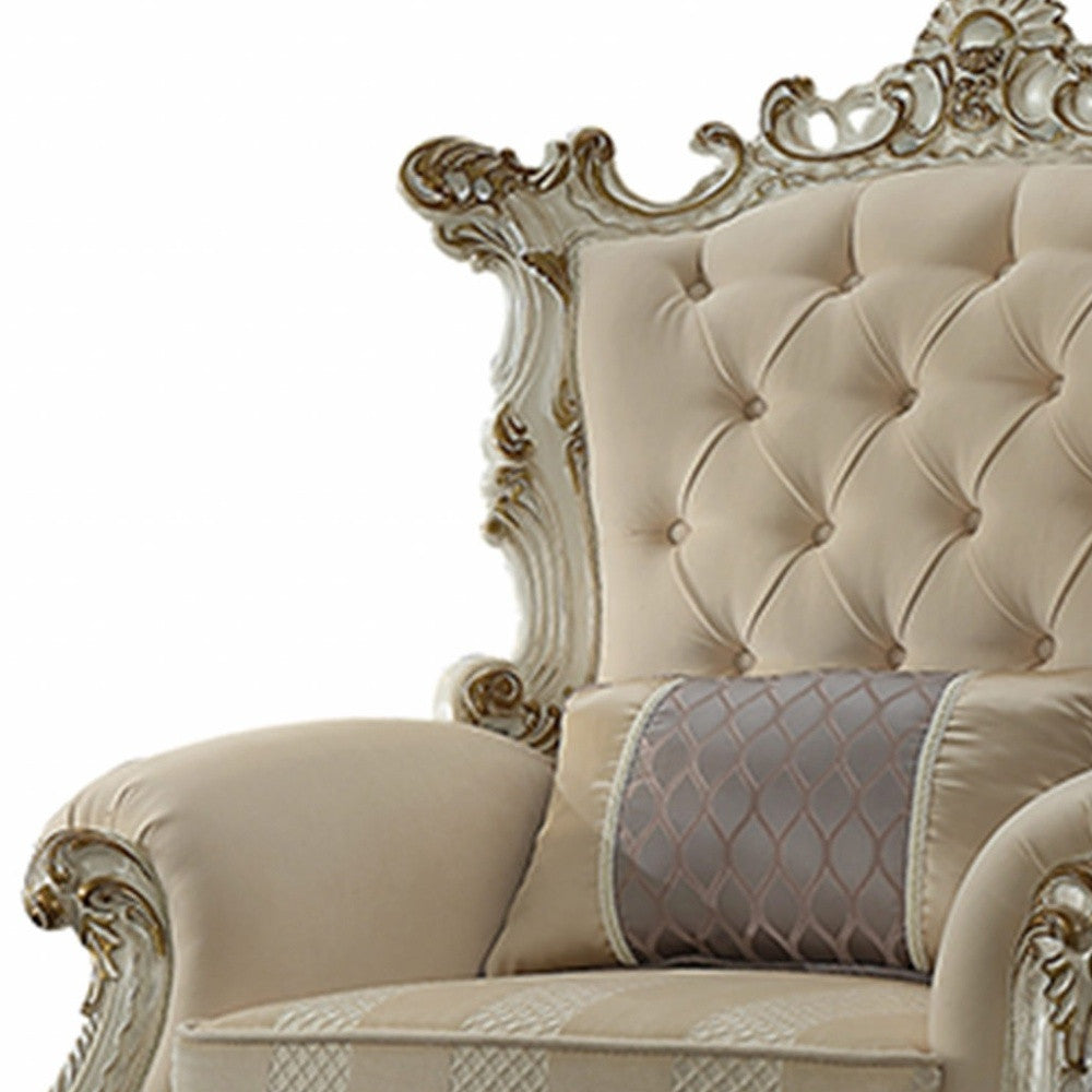 38" Pearl Fabric Striped Tufted Chesterfield Chair And Toss Pillow-2