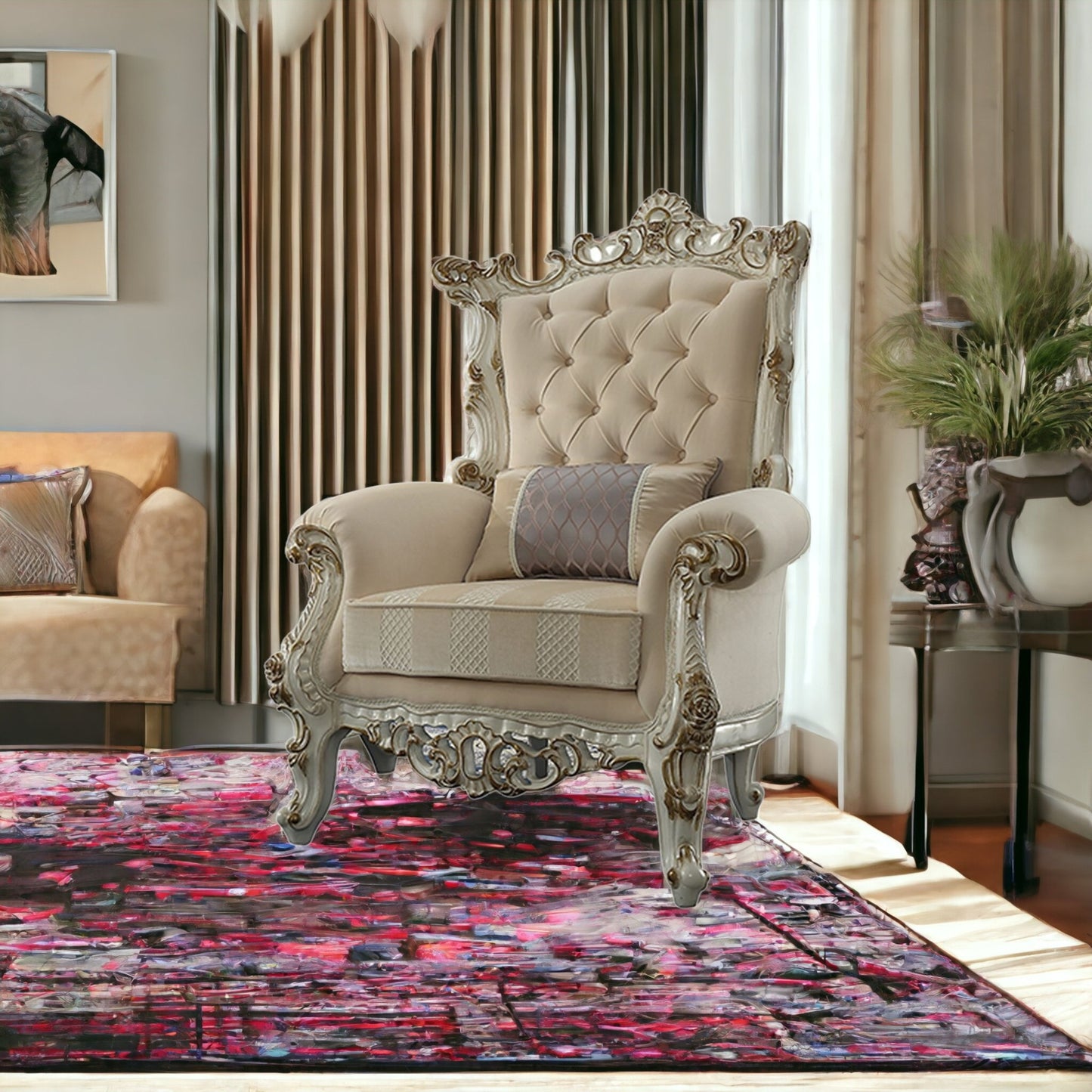 38" Pearl Fabric Striped Tufted Chesterfield Chair And Toss Pillow-1