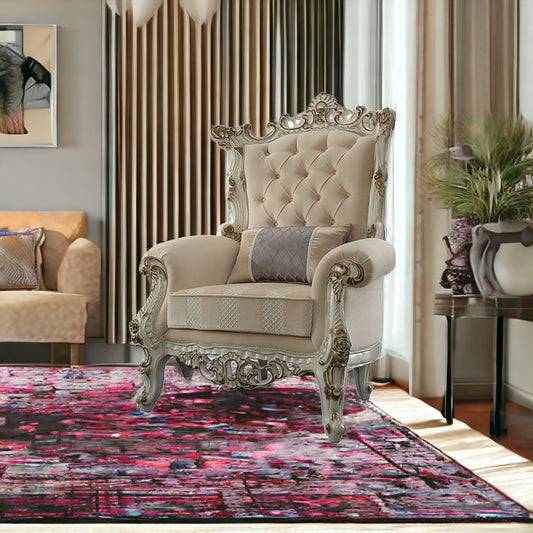 38" Pearl Fabric Striped Tufted Chesterfield Chair And Toss Pillow-1