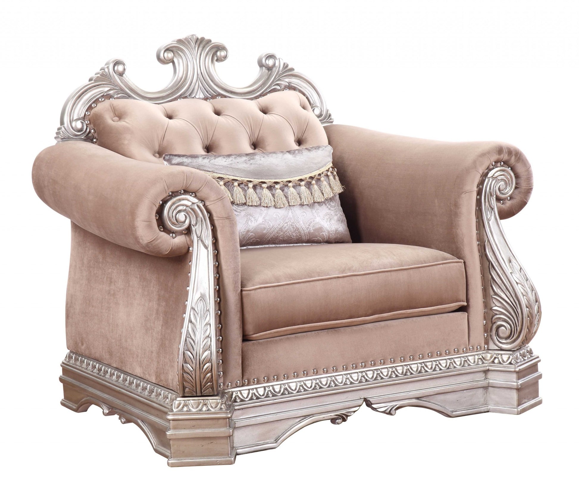 42" Cherry Blossom Pink and Silver Velvet Tufted Arm Chair And Toss Pillow-2