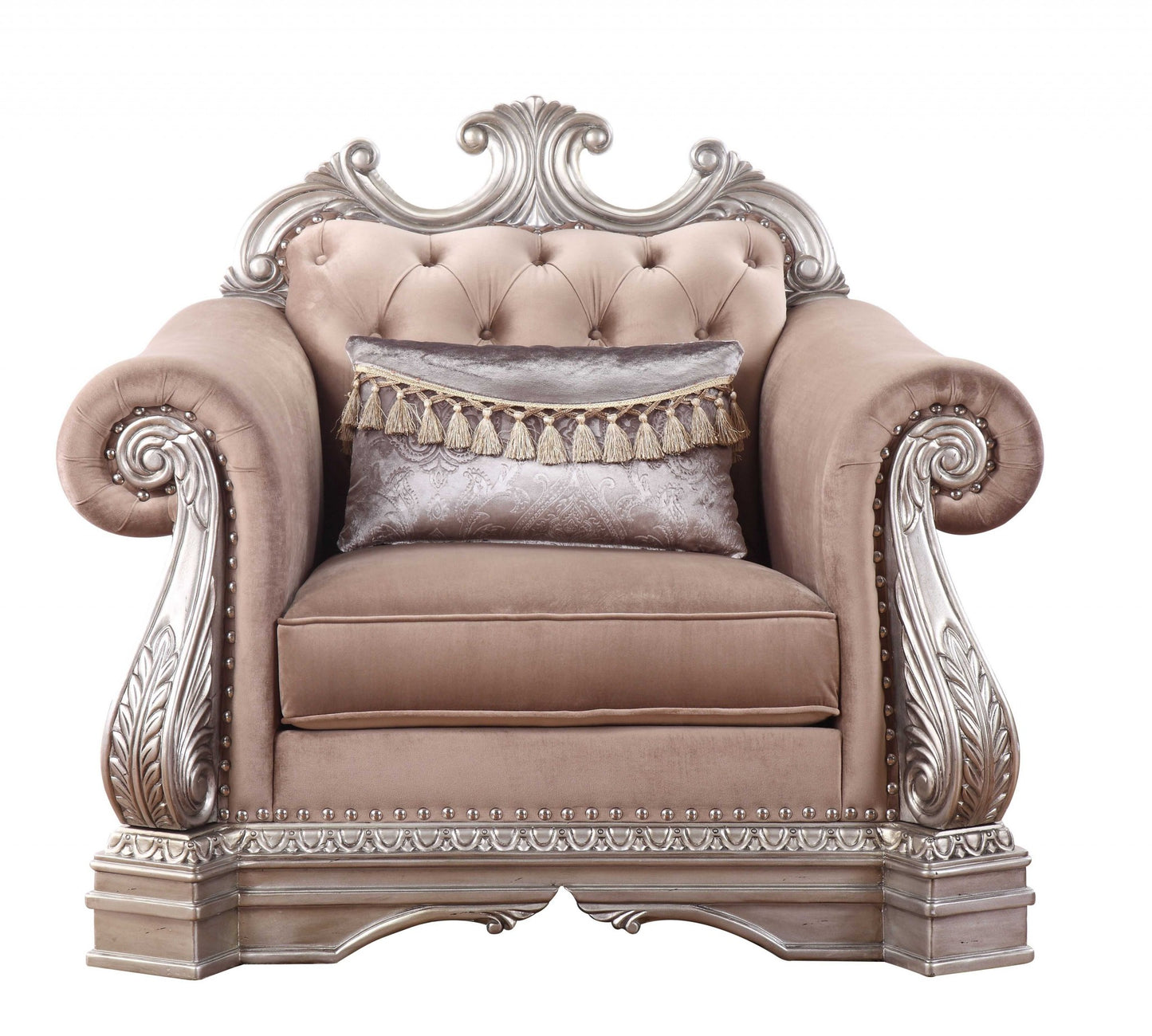 42" Cherry Blossom Pink and Silver Velvet Tufted Arm Chair And Toss Pillow-1